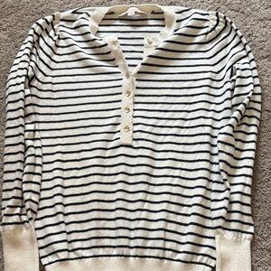 LOFT Cream & Black Striped Henley Sweater